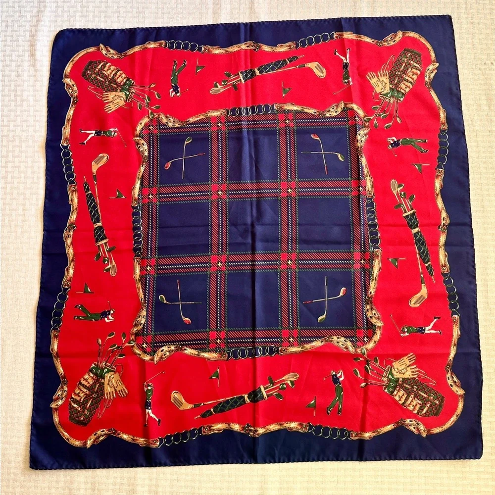 Vintage Golf Print Red &‎ Navy Plaid Scarf 32” Square Satiny Finish